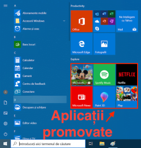 Aplicațiile promovate din Windows 10 din Meniul Start