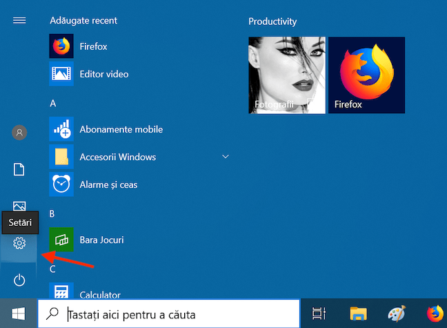 Setări în Meniul Start din Windows 10