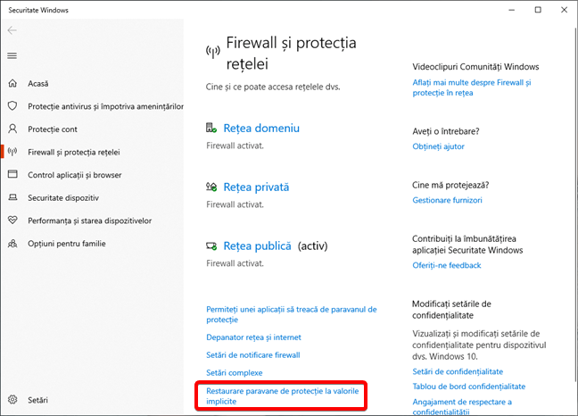 Legătura pentru Restaurare paravane de protecție la valorile implicite în Windows 10