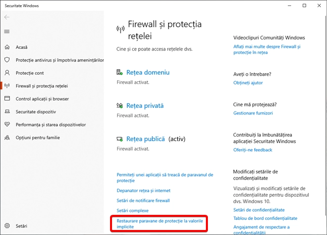 Legătura pentru Restaurare paravane de protecție la valorile implicite în Windows 10