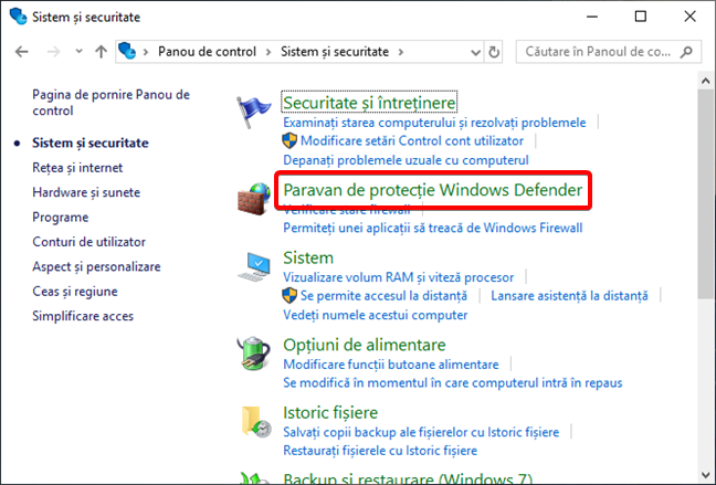 Deschide Paravan de protecție Windows Defender în Panoul de control