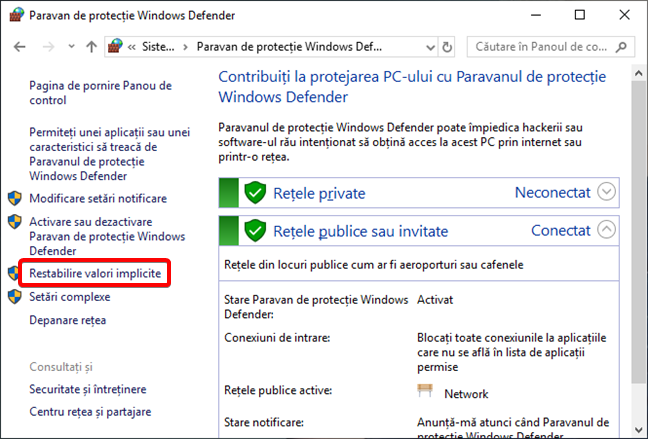 Restabilire valori implicite în Paravan de protecție Windows Defender