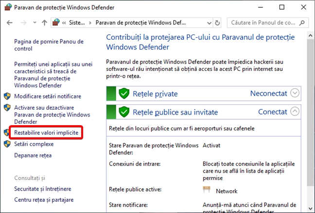 Restabilire valori implicite în Paravan de protecție Windows Defender