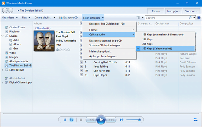 Windows Media Player - setările pentru calitatea audio