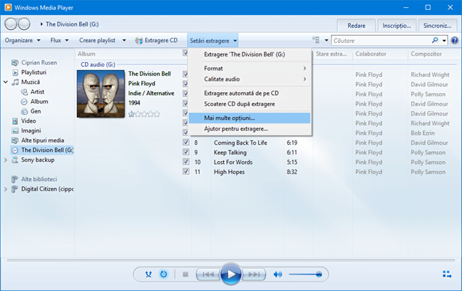 Windows Media Player - Mai multe opțiuni pentru extragere