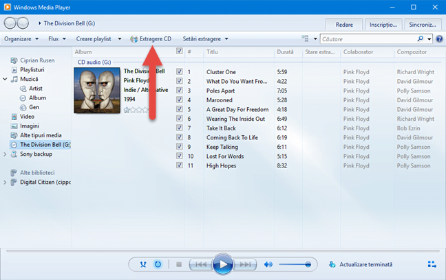 Extragere CD în Windows Media Player