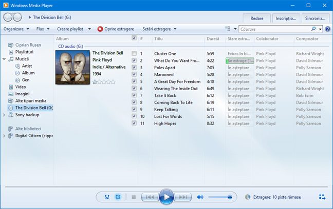 Extragere CD în Windows Media Player