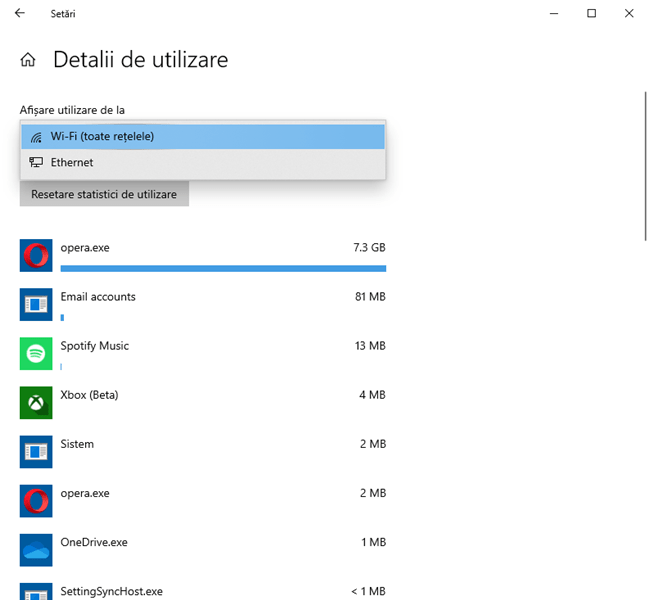 Schimbă statisticile de utilizare pentru Ethernet sau Celular