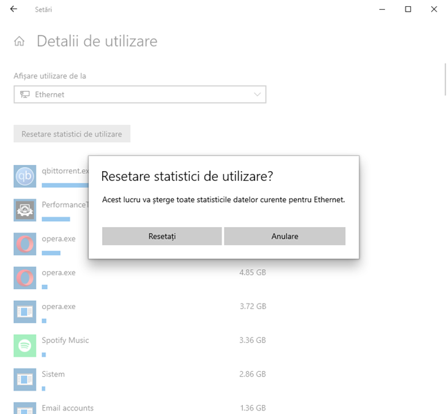 Resetarea statisticilor de utilizare a datelor în Windows 10