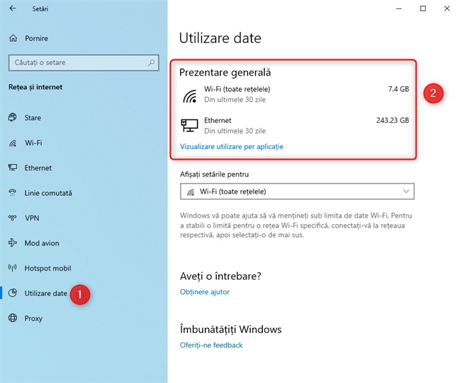 Setări Windows 10 - Mergi la Utilizare date