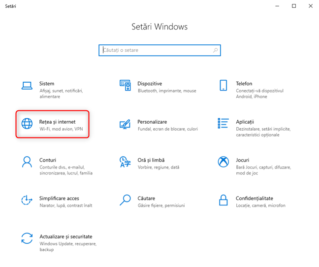 Setări Windows 10 - Mergi la Rețea și internet