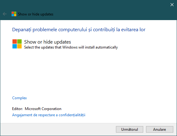 Show or hide updates în Windows 10
