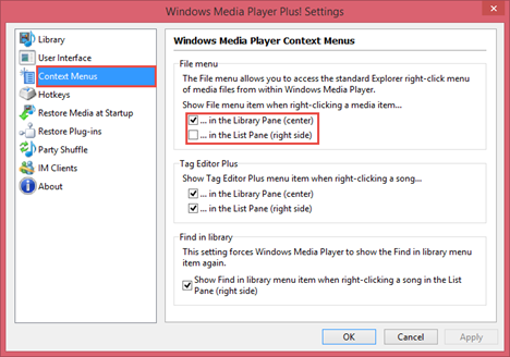 Windows Media Player Plus!, setari, aditionale