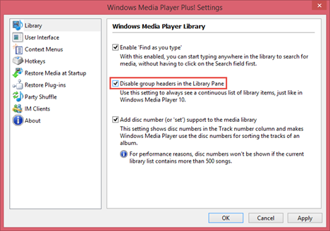 Windows Media Player Plus!, setari, aditionale