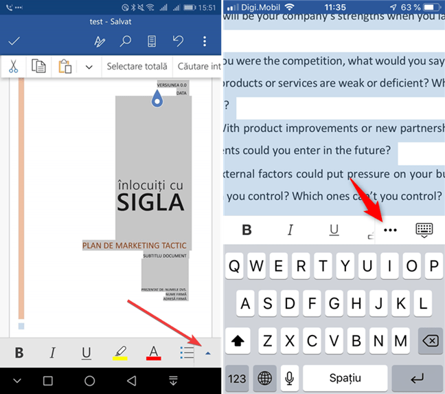 Deschide meniul în Microsoft Word pentru Android sau iOS