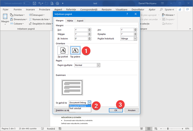 Selectează orientare tip vedere în Microsoft Word