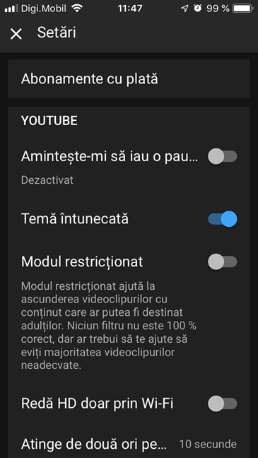 Tema întunecată în Setările aplicației YouTube pentru iOS