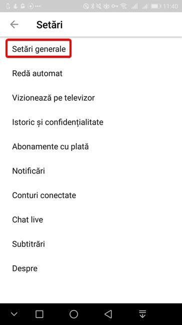 YouTube pentru Android - Mergi la Setări generale