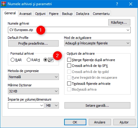 Alegerea unui nume pentru fișierul ZIP și selectarea formatului său, în WinRAR