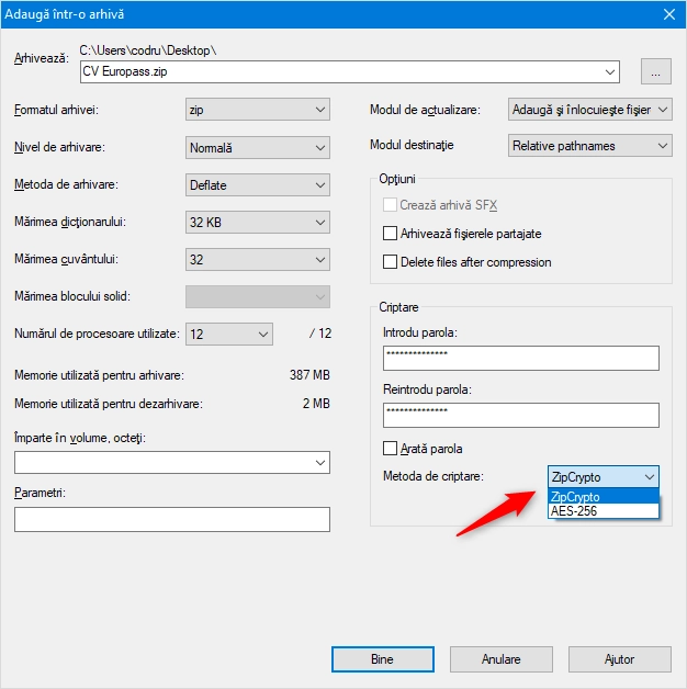 Selectarea metodei de criptare în 7-Zip