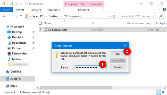 Introducerea parolei pentru un fișier ZIP protejat cu parolă, în Explorer