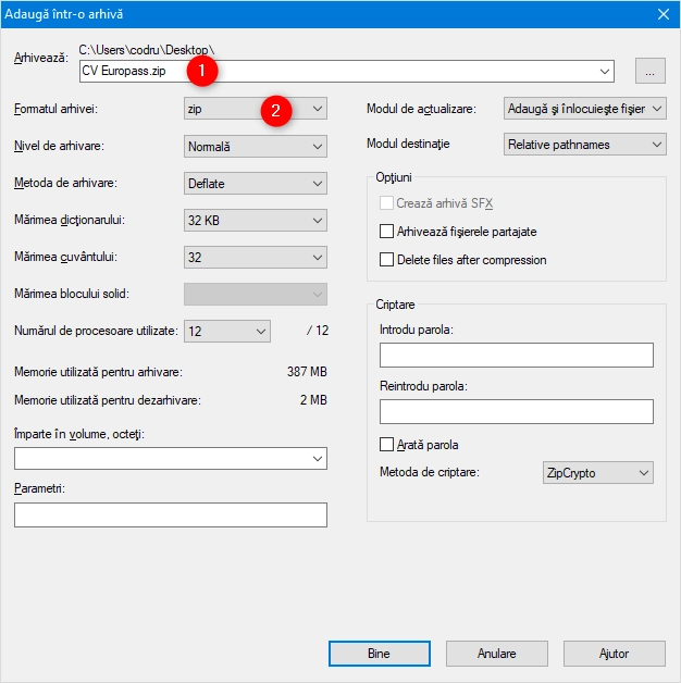 Alegerea unui nume pentru fișier și selectarea formatului său în 7-Zip