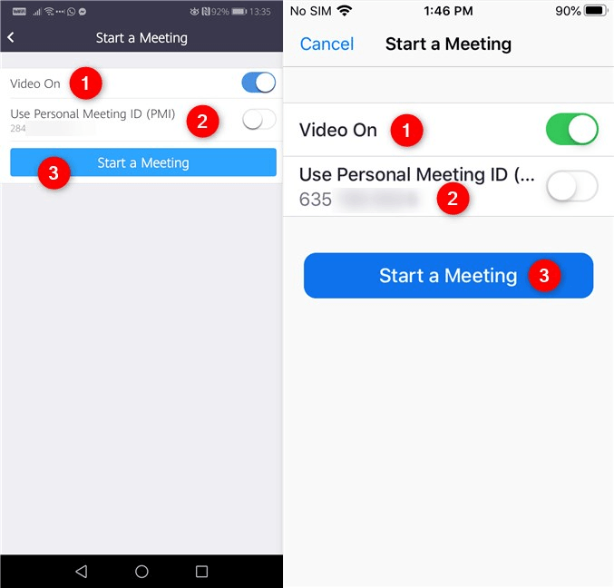 Începerea unei ședințe pe Zoom, în Android și iOS