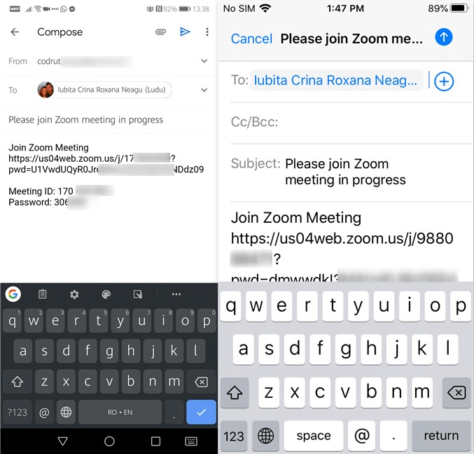 Trimiterea unei invitații la o ședință Zoom prin e-mail