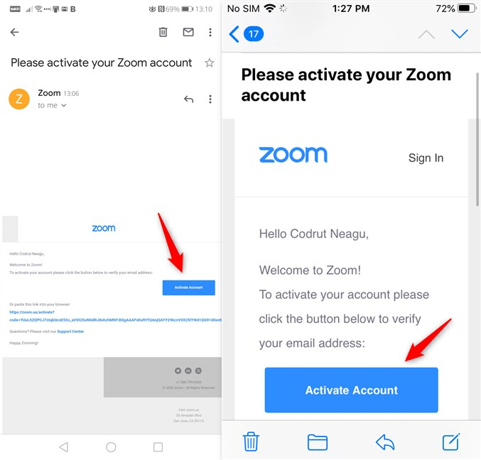 Activarea contului Zoom din mesajul de confirmare