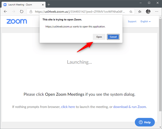 Un browser web ce îți cere să deschizi linkul ședinței Zoom în aplicația Zoom