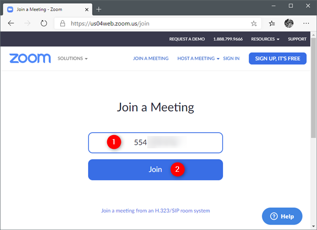Pagina Join a Meeting pe site-ul web Zoom