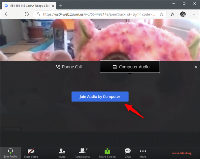 Opțiunea de a te conecta cu audio de pe calculator, dintr-un browser