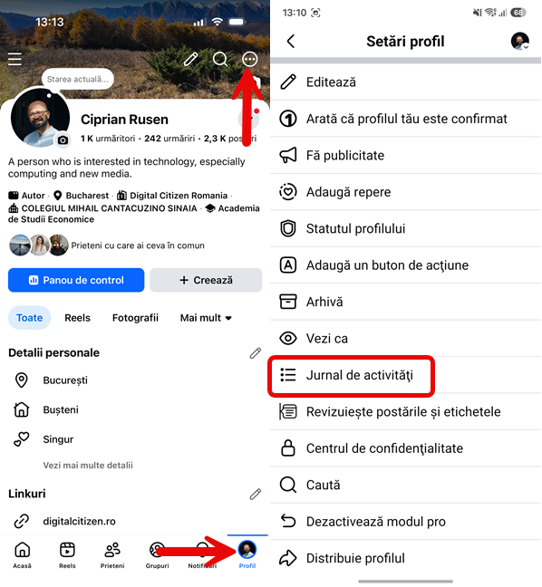 Pe telefon, acceseaz&Auml; Jurnal de activit&Auml;&Egrave;i