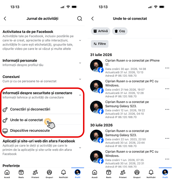 Vezi unde te-ai conectat, de pe telefon