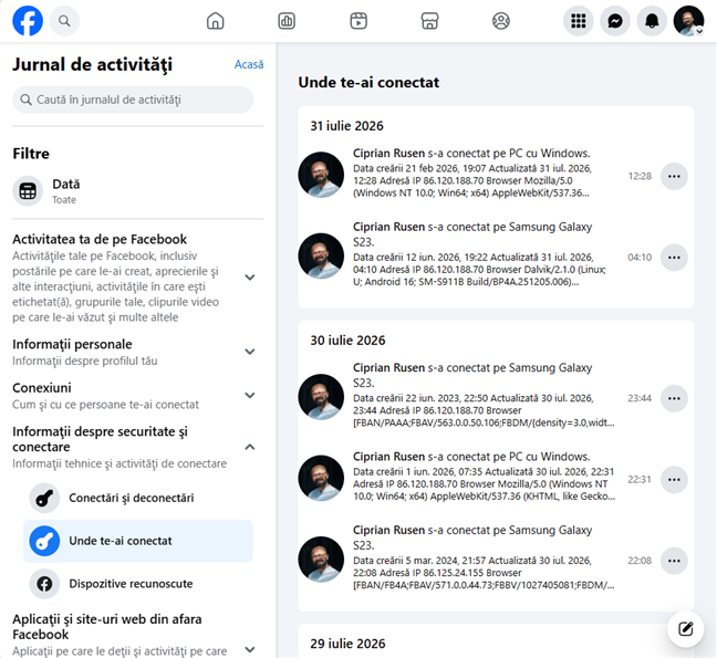 Verific&Auml; dispozitivele conectate la contul t&Auml;u de Facebook