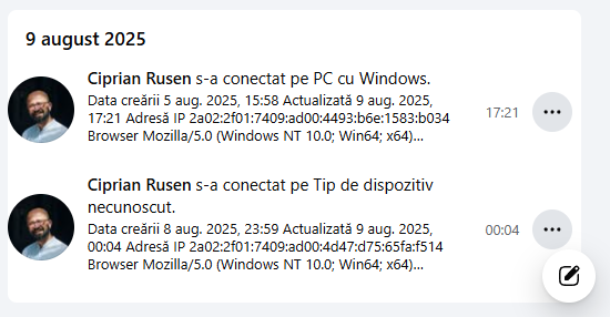 Detaliile afi&Egrave;ate pentru fiecare conectare la Facebook