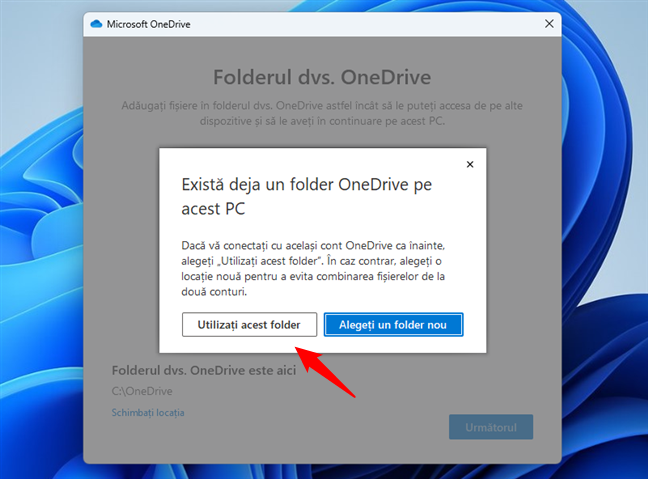 Alege UtilizaÈ›i acest folder pentru OneDrive