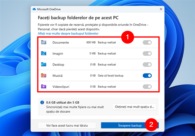 Alege folderele pentru backup Ã®n OneDrive