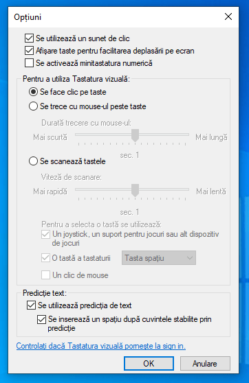SetÄƒrile disponibile pentru Tastatura vizualÄƒ din Windows