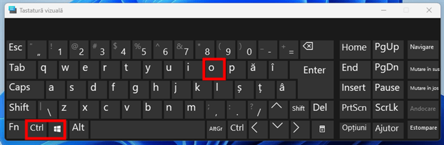 CombinaÈ›ia de taste pentru Tastatura vizualÄƒ din Windows 11