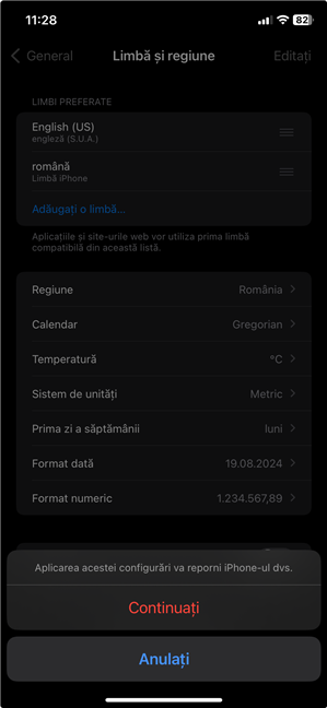 ApasÄƒ pe ContinuaÈ›i Ã®n fereastra pop-up pentru a schimba limba din iOS