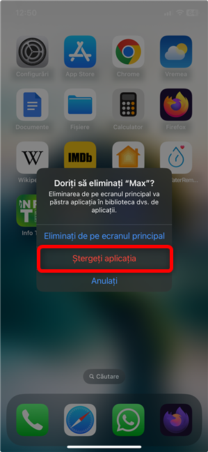 ApasÄ pe ÈtergeÈi aplicaÈia pentru a dezinstala o aplicaÈie de pe iPhone