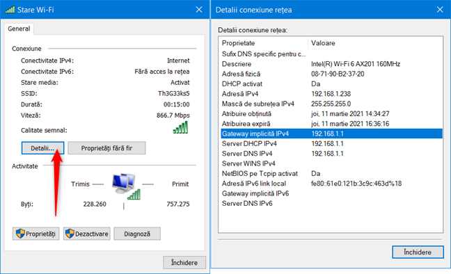 D&Auml; clic pe Detalii &Egrave;i vezi Gateway implicit&Auml; IPv4