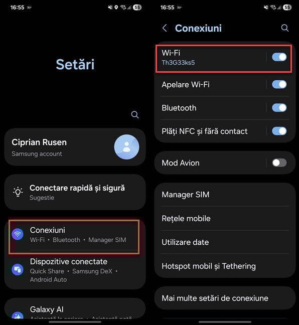 Navigheaz&Auml; la Set&Auml;ri > Conexiuni > Wi-Fi