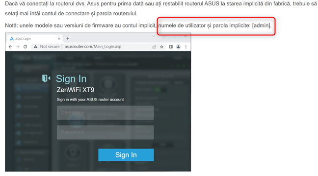 Numele de utilizator È™i parola implicite