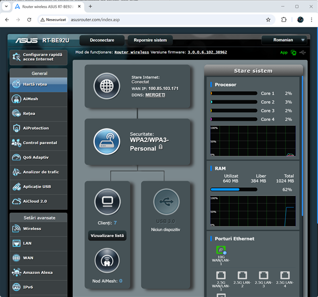 InterfaÈ›a de administrare pentru un router ASUS cu Wi-Fi 7