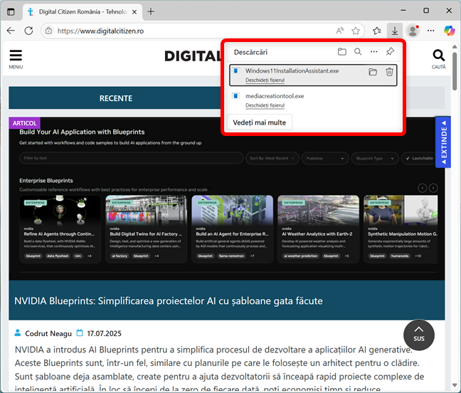 ApasÄ Ctrl + J pentru o fereastrÄ cu ultimele fiÈiere descÄrcate de Edge