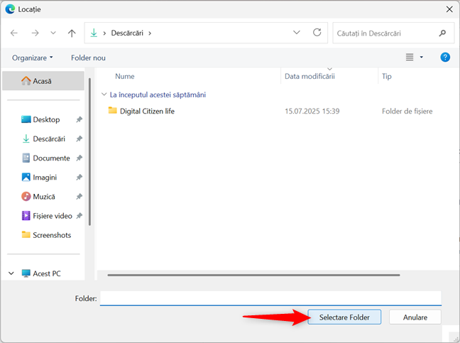 Alege o nouÄ locaÈie pentru descÄrcÄri Èi apasÄ pe Selectare Folder