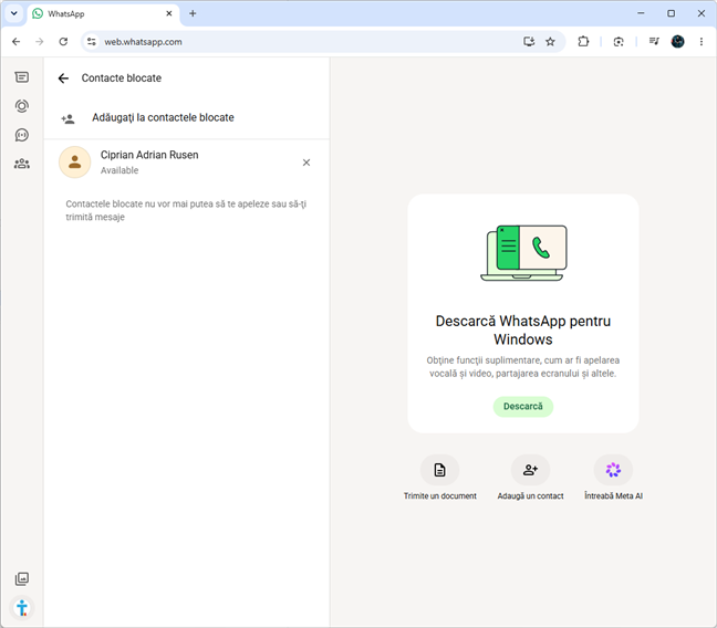 Lista cu contacte blocate &Atilde;&reg;n WhatsApp Web
