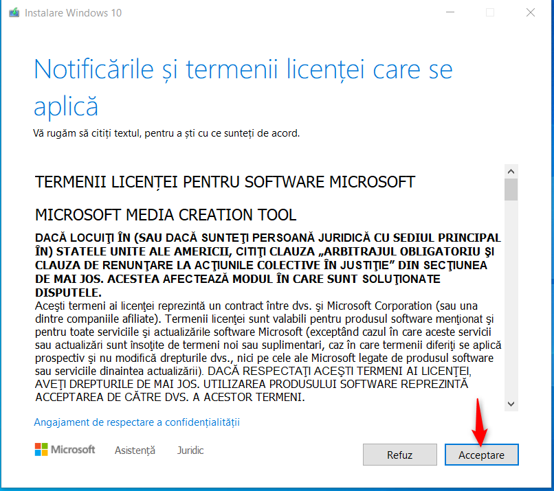 AcceptÄƒ termenii de licenÈ›Äƒ pentru Windows 10 Media Creation Tool